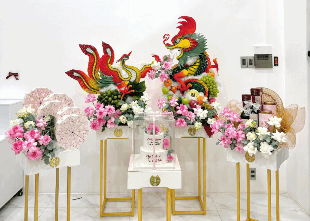Mâm quả cưới tông hồng trắng ngọt ngào, thuần khiết